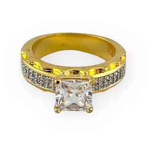 Swarovski Crystal Princess Cut Pave Set Engagement Ring Gold Overlay